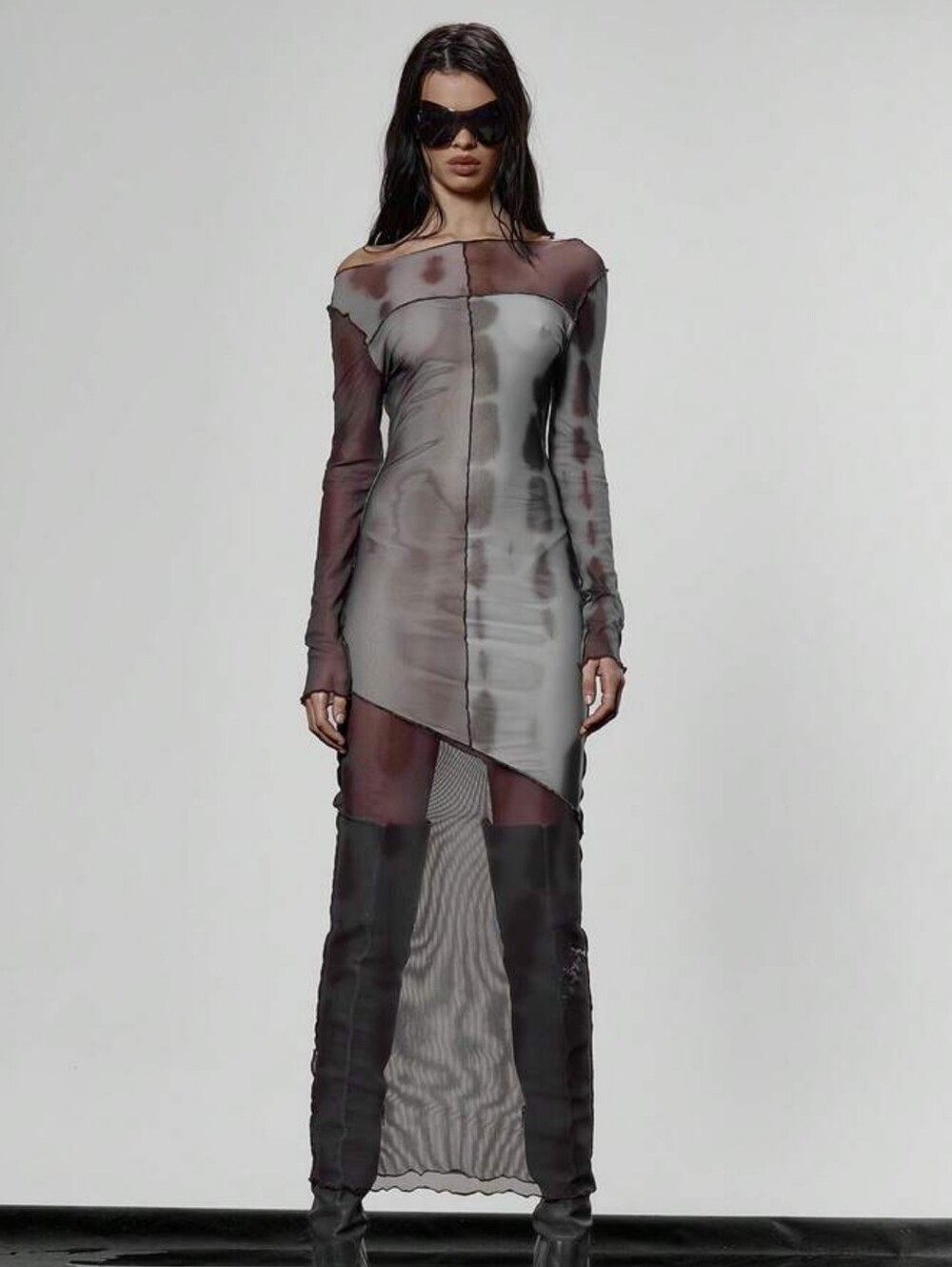 NWT-Muse Sheer Long-Sleeve Asymmetric Maxi Dress in Gray and Charcoal
